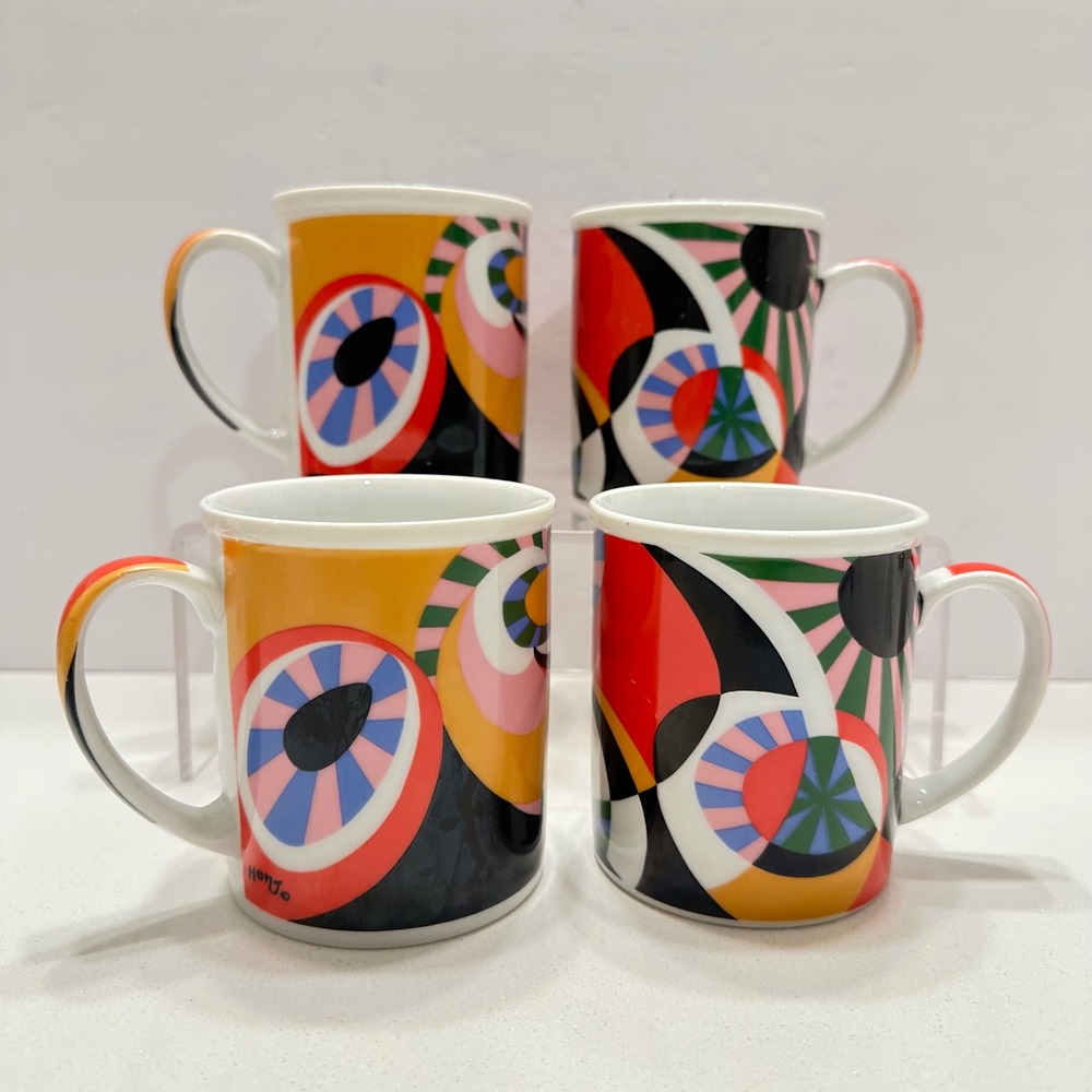 Vintage Shibata Honjo Japan Op Art Eye Mugs Set of 4 Mid Century Modern Pop Art - Picture 2 of 12